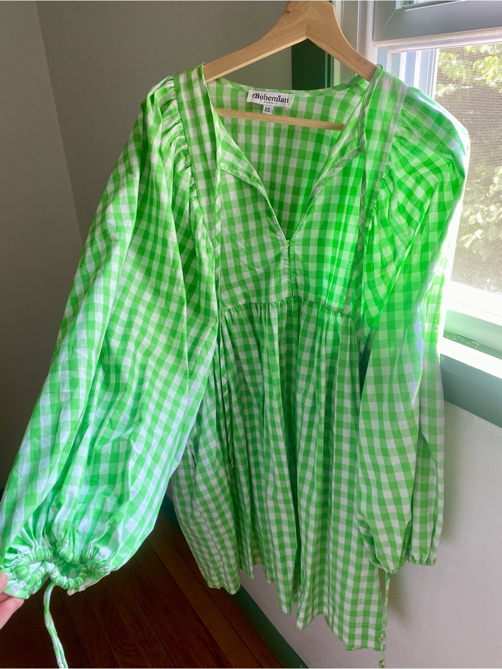 Bohemian Traders Green and White Gingham Long Sleeve Dress